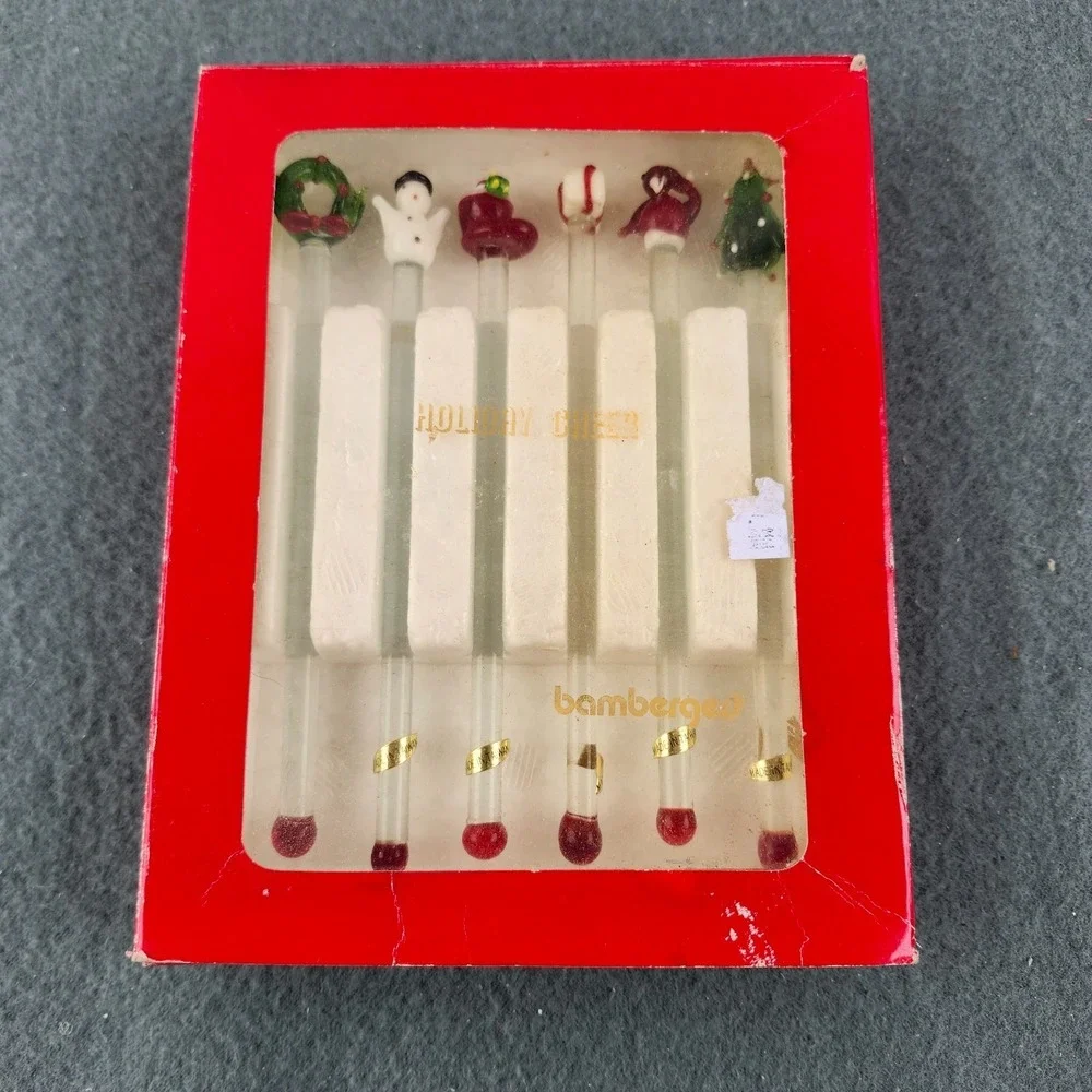 NEW 6 Vintage Glass Christmas‎ Winter Holiday Swizzle Sticks Bamberger's